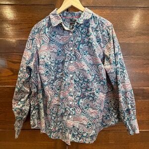 Talbots 20W Paisley Button Down collar Shirt teal pink no iron plus soft cotton